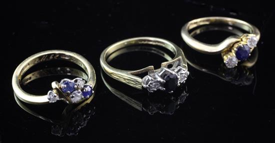 Three 18ct gold, sapphire and diamond rings, various sizes.